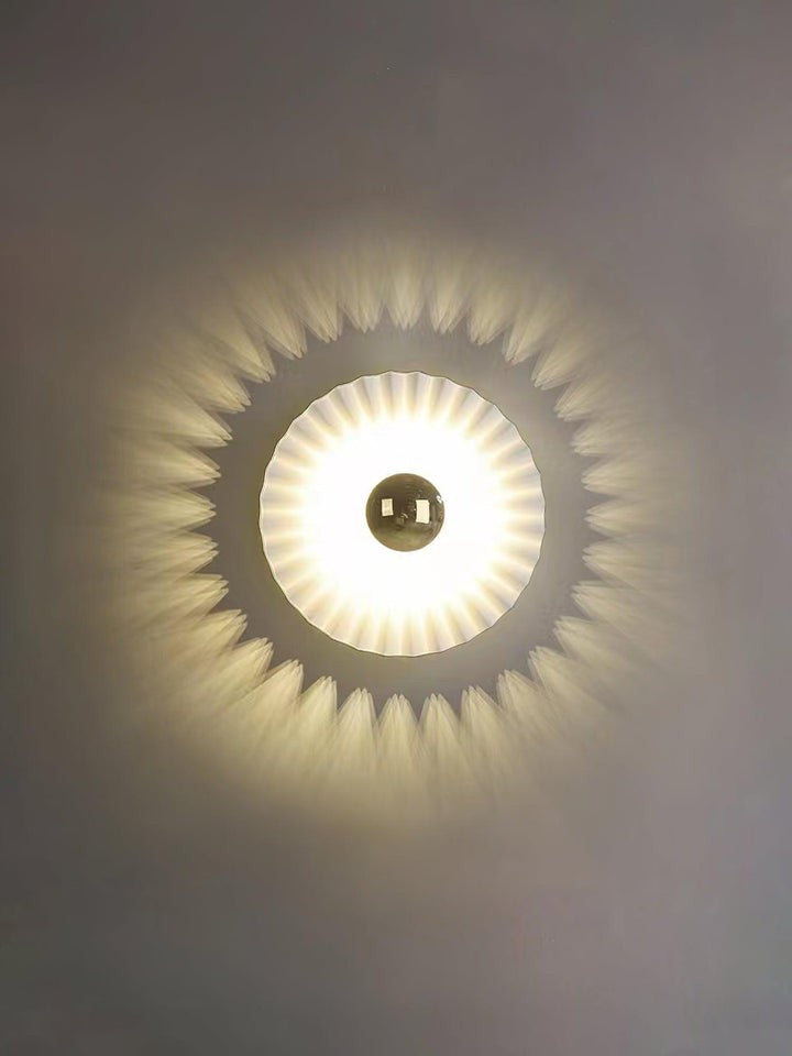 Glossy White & Gold Pleated Ceramic Wall Sconce with Integrated LED