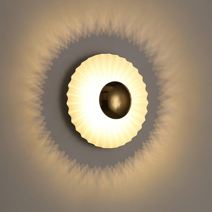Glossy White & Gold Pleated Ceramic Wall Sconce with Integrated LED