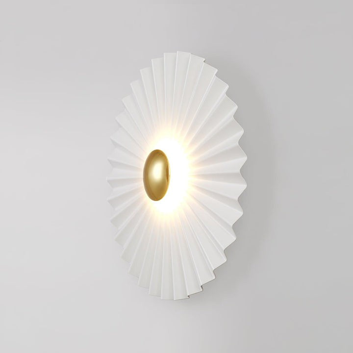 Glossy White & Gold Pleated Ceramic Wall Sconce with Integrated LED