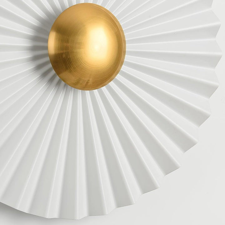 Glossy White & Gold Pleated Ceramic Wall Sconce with Integrated LED