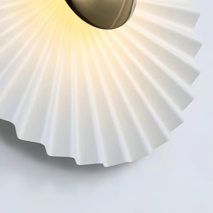 Glossy White & Gold Pleated Ceramic Wall Sconce with Integrated LED