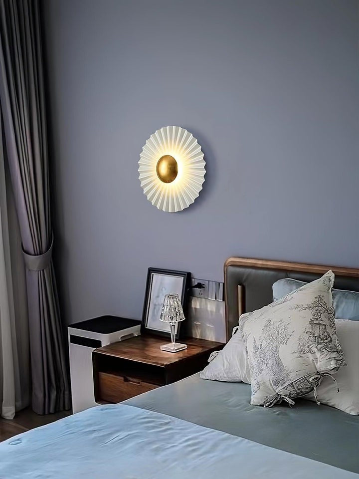 Glossy White & Gold Pleated Ceramic Wall Sconce with Integrated LED