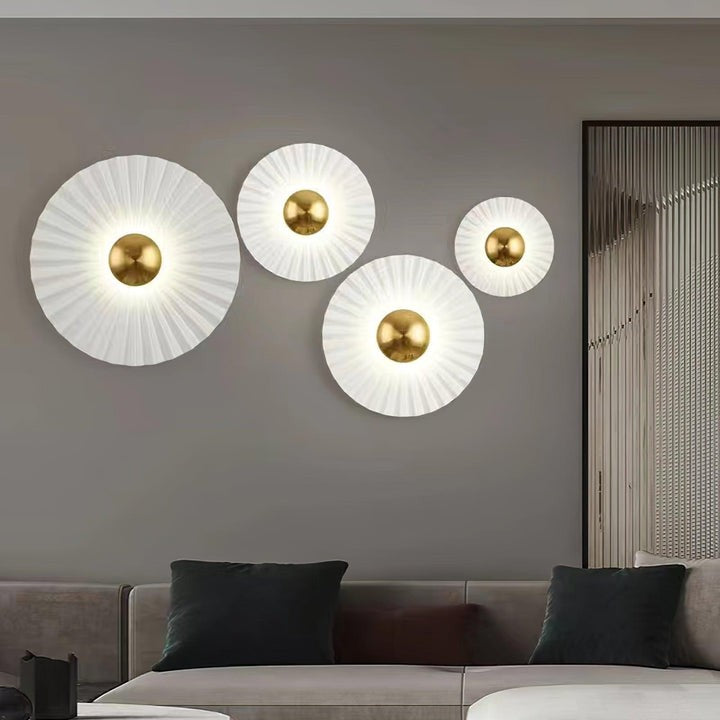 Glossy White & Gold Pleated Ceramic Wall Sconce with Integrated LED