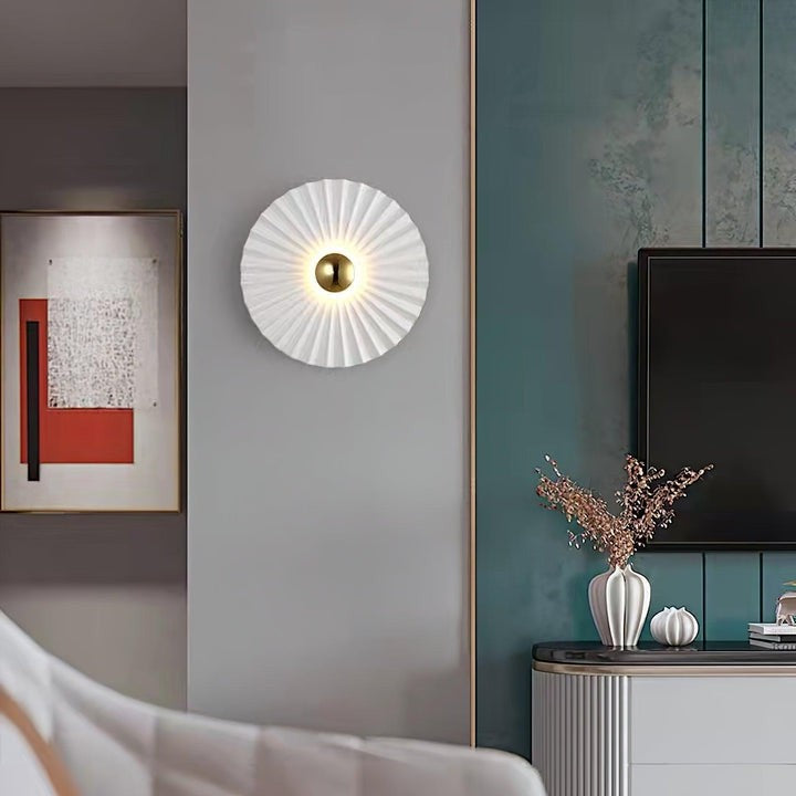 Glossy White & Gold Pleated Ceramic Wall Sconce with Integrated LED