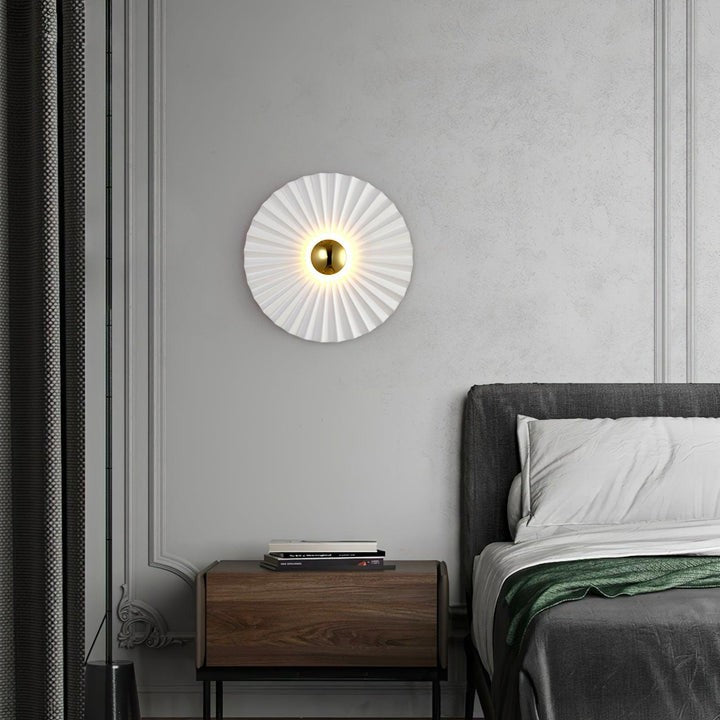 Glossy White & Gold Pleated Ceramic Wall Sconce with Integrated LED