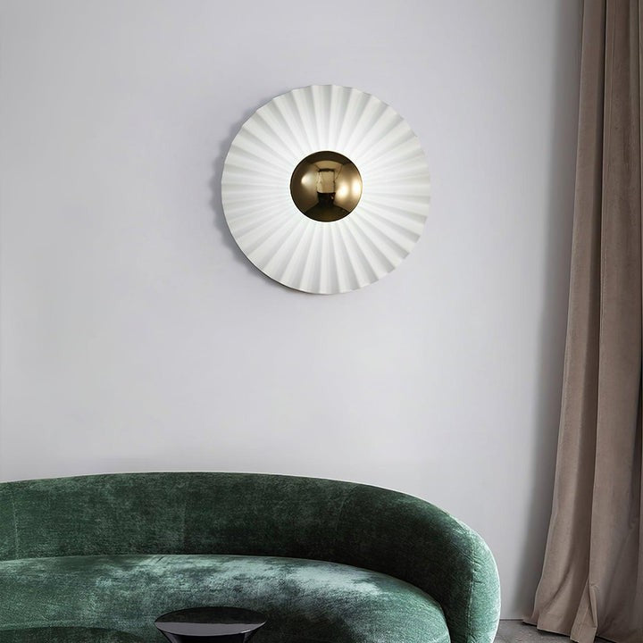 Glossy White & Gold Pleated Ceramic Wall Sconce with Integrated LED