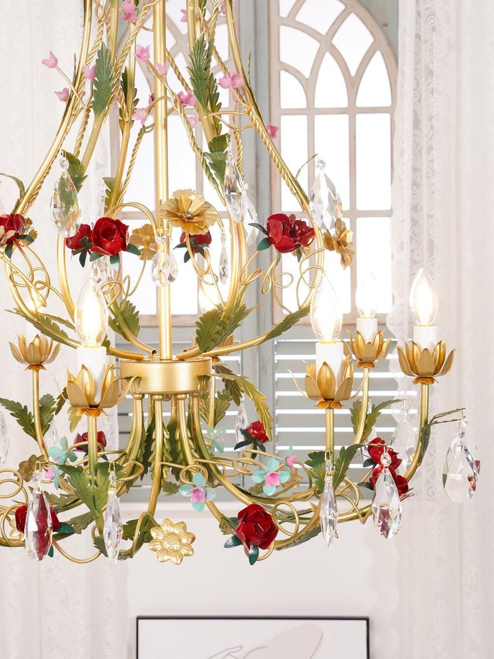 Gold Rose Crystal Chandelier with Candle Bulbs