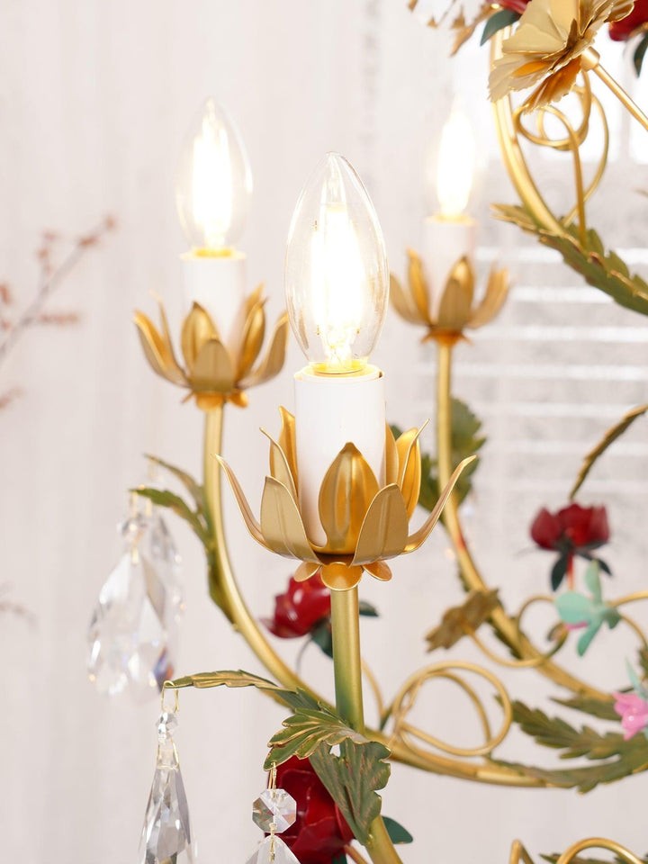 Gold Rose Crystal Chandelier with Candle Bulbs
