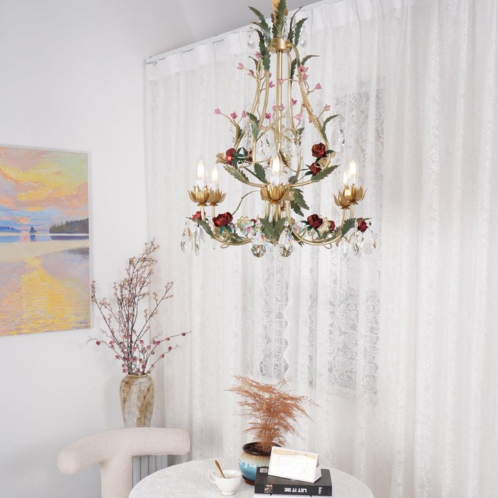 Gold Rose Crystal Chandelier with Candle Bulbs