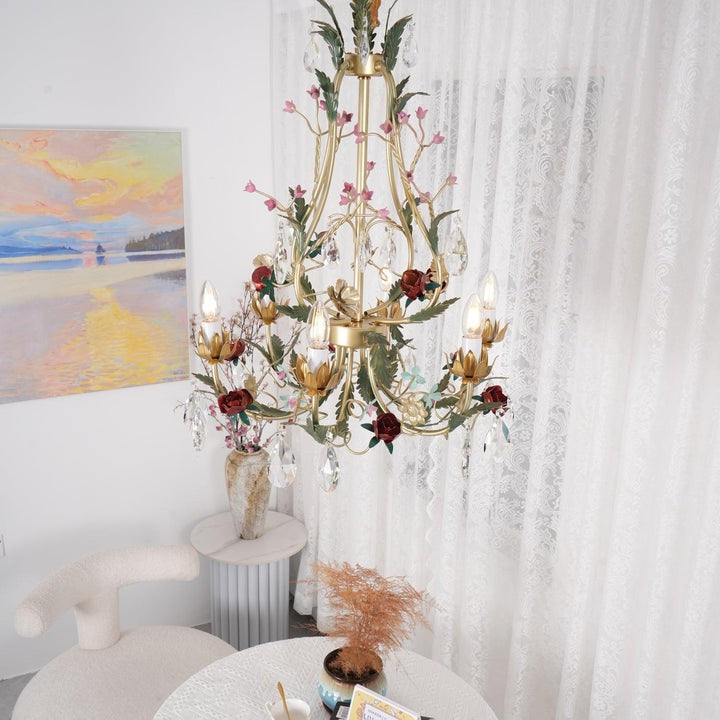 Gold Rose Crystal Chandelier with Candle Bulbs