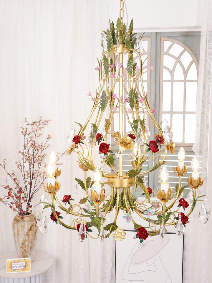 Gold Rose Crystal Chandelier with Candle Bulbs