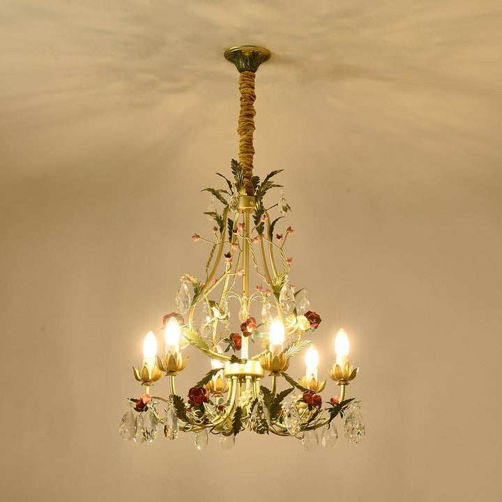 Gold Rose Crystal Chandelier with Candle Bulbs
