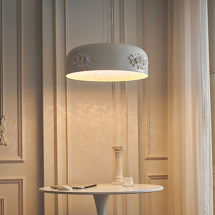 Hand-Carved White Resin & Crystal LED Pendant Light