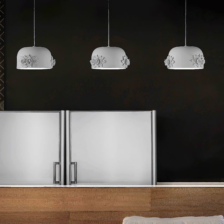 Hand-Carved White Resin & Crystal LED Pendant Light
