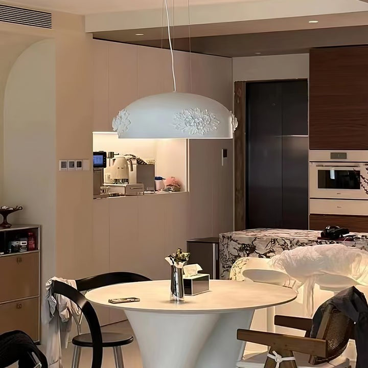 Hand-Carved White Resin & Crystal LED Pendant Light
