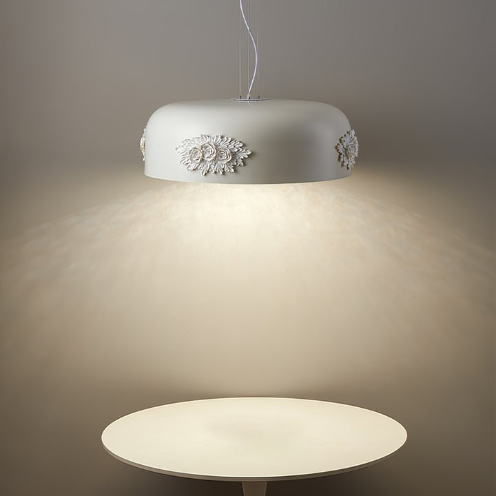 Hand-Carved White Resin & Crystal LED Pendant Light