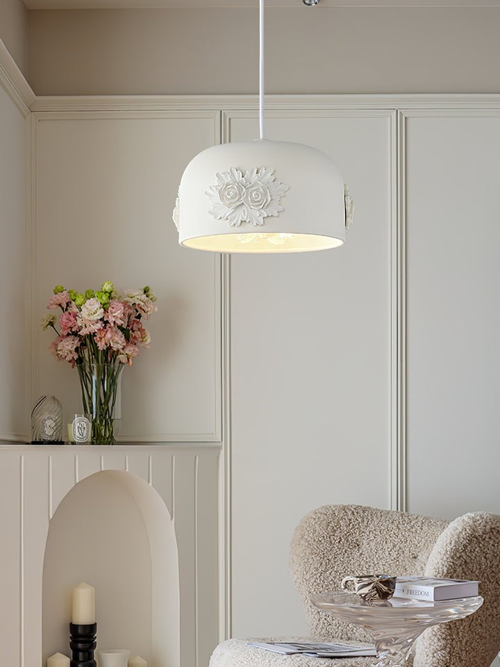 Hand-Carved White Resin & Crystal LED Pendant Light