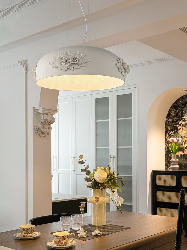 Hand-Carved White Resin & Crystal LED Pendant Light