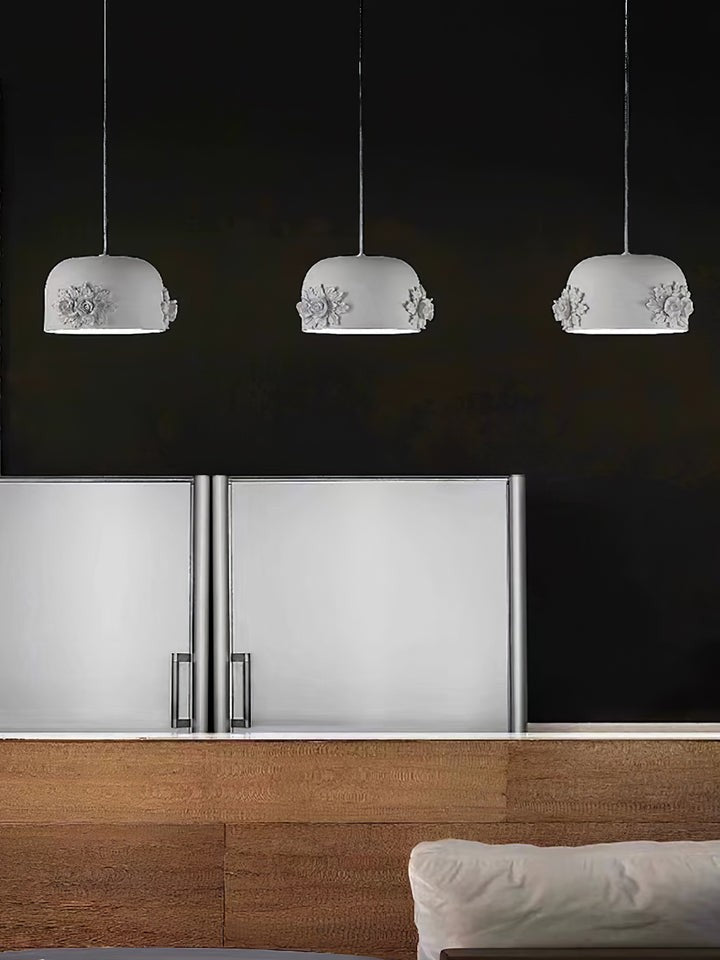 Hand-Carved White Resin & Crystal LED Pendant Light