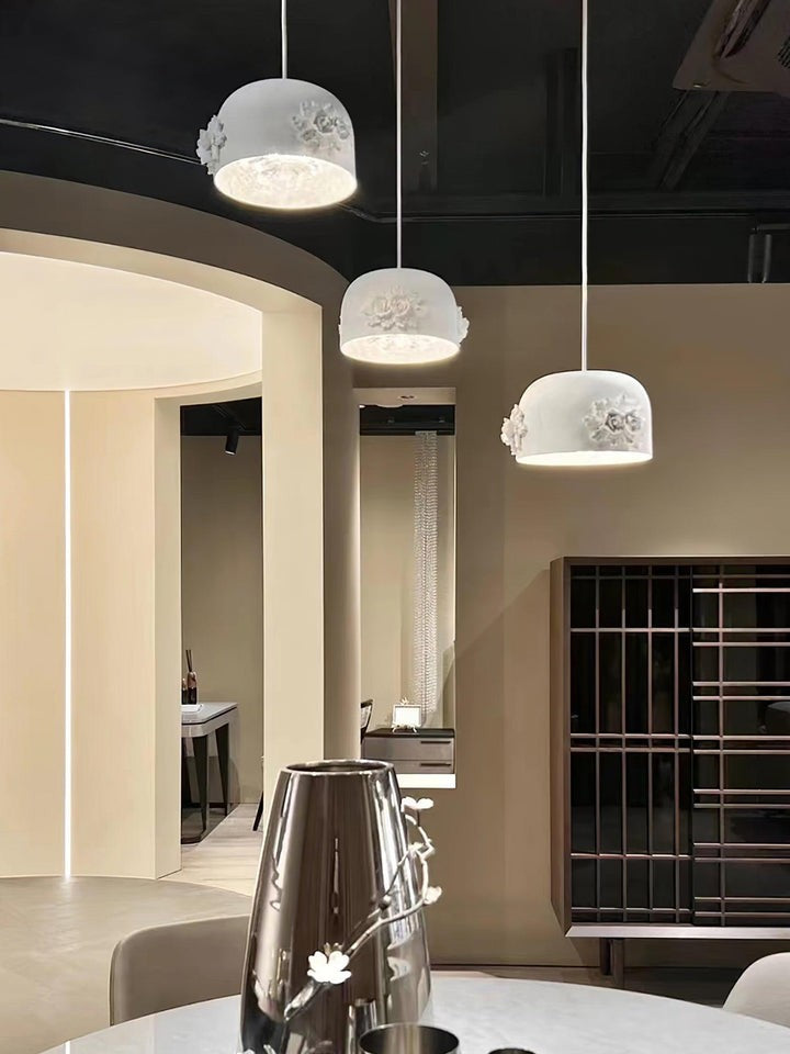 Hand-Carved White Resin & Crystal LED Pendant Light