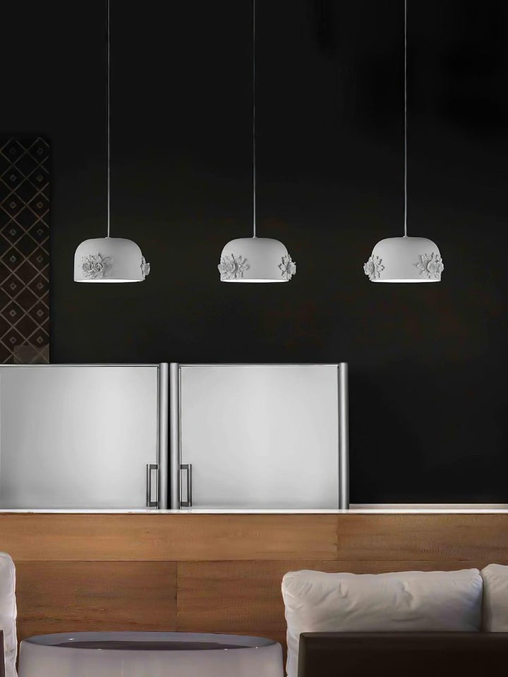 Hand-Carved White Resin & Crystal LED Pendant Light