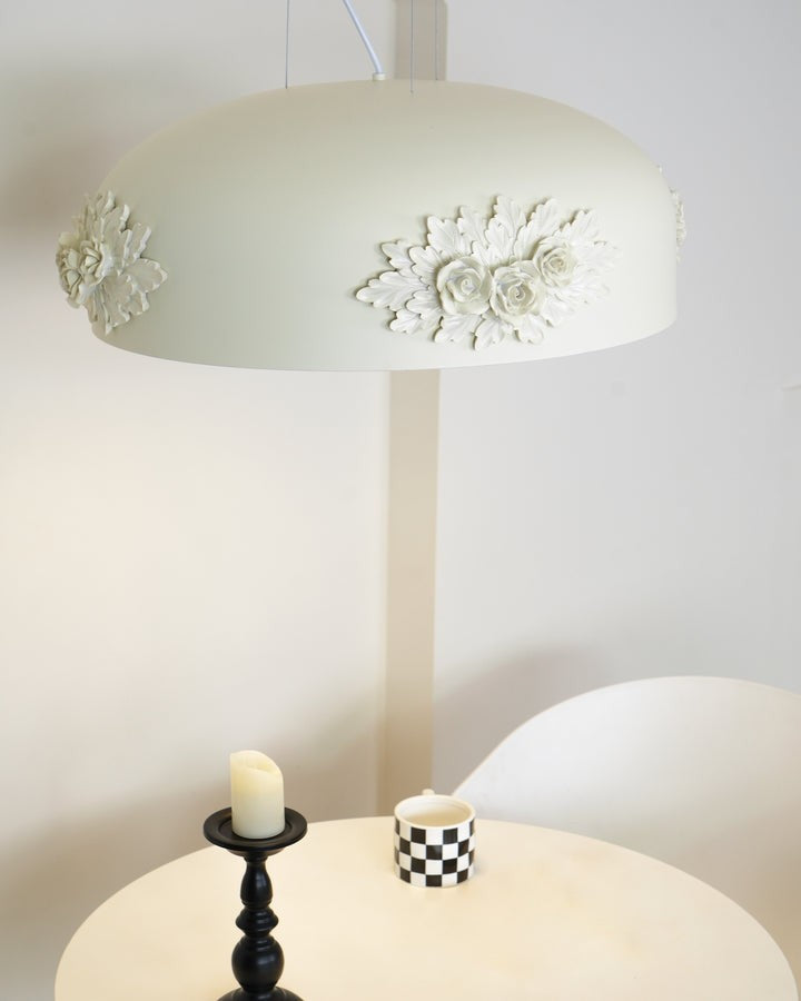 Hand-Carved White Resin & Crystal LED Pendant Light