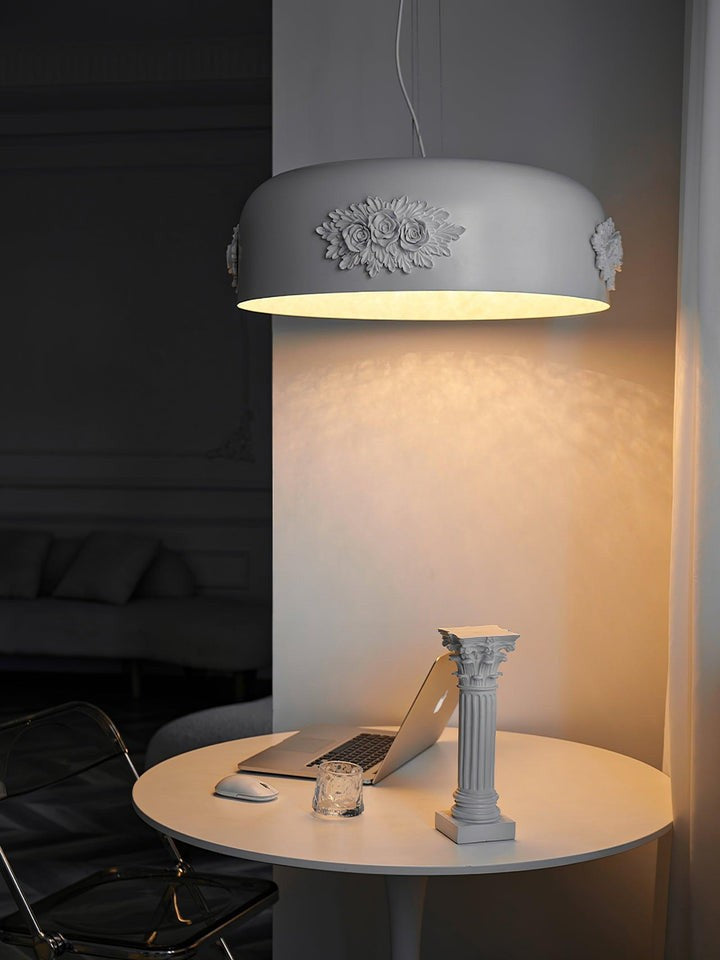 Hand-Carved White Resin & Crystal LED Pendant Light