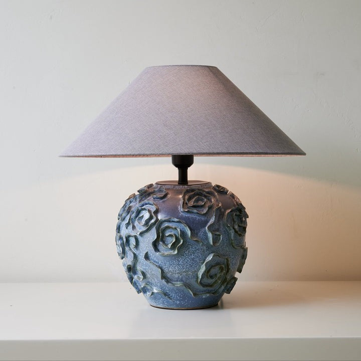 Indigo Ceramic Floral Table Lamp with Gray Linen Shade
