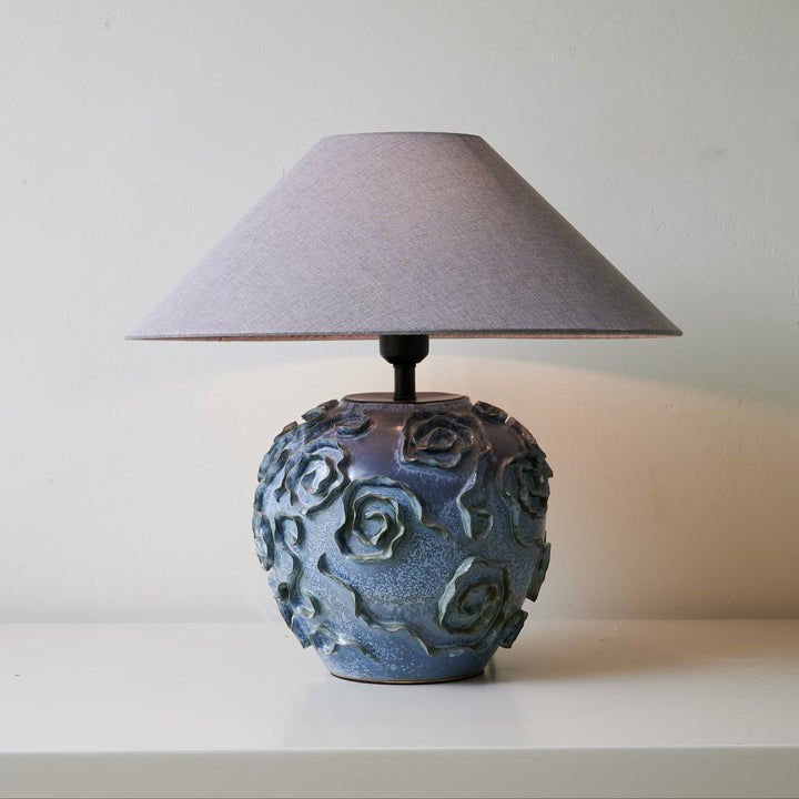 Indigo Ceramic Floral Table Lamp with Gray Linen Shade