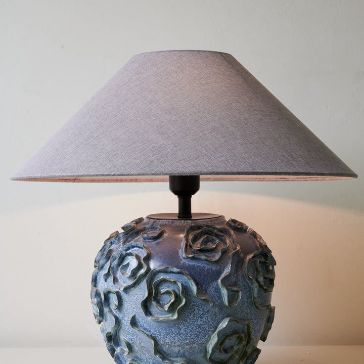 Indigo Ceramic Floral Table Lamp with Gray Linen Shade