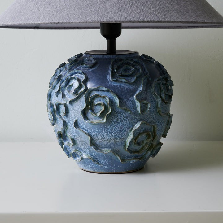 Indigo Ceramic Floral Table Lamp with Gray Linen Shade