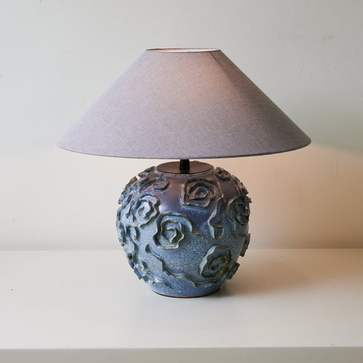 Indigo Ceramic Floral Table Lamp with Gray Linen Shade