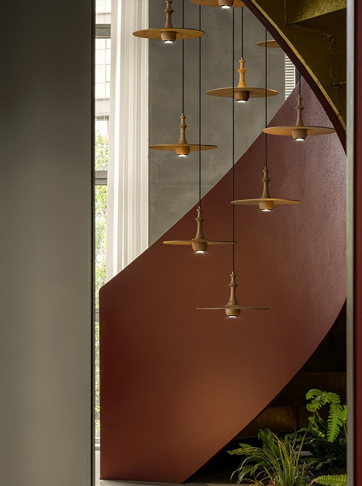 Japandi Rustic Wooden Spin Pendant Light