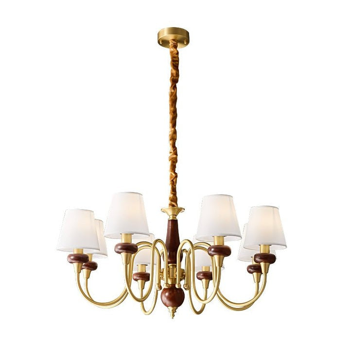 Luxury Wood & Brass Chandelier with Fabric Shades