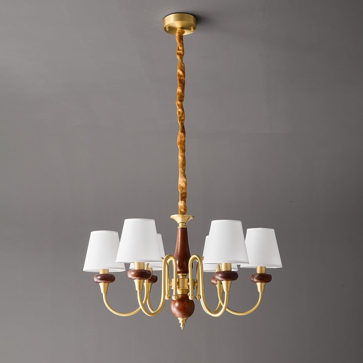Luxury Wood & Brass Chandelier with Fabric Shades
