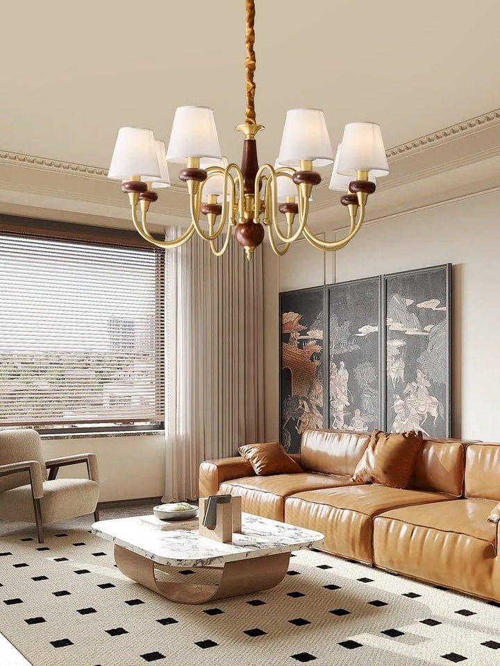 Luxury Wood & Brass Chandelier with Fabric Shades