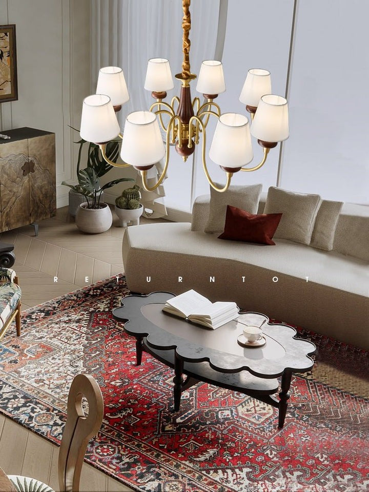 Luxury Wood & Brass Chandelier with Fabric Shades