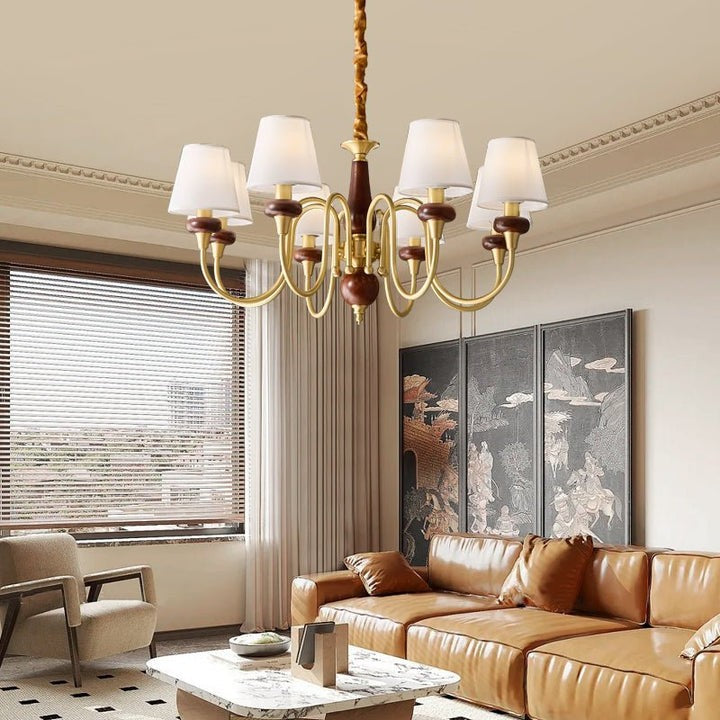 Luxury Wood & Brass Chandelier with Fabric Shades