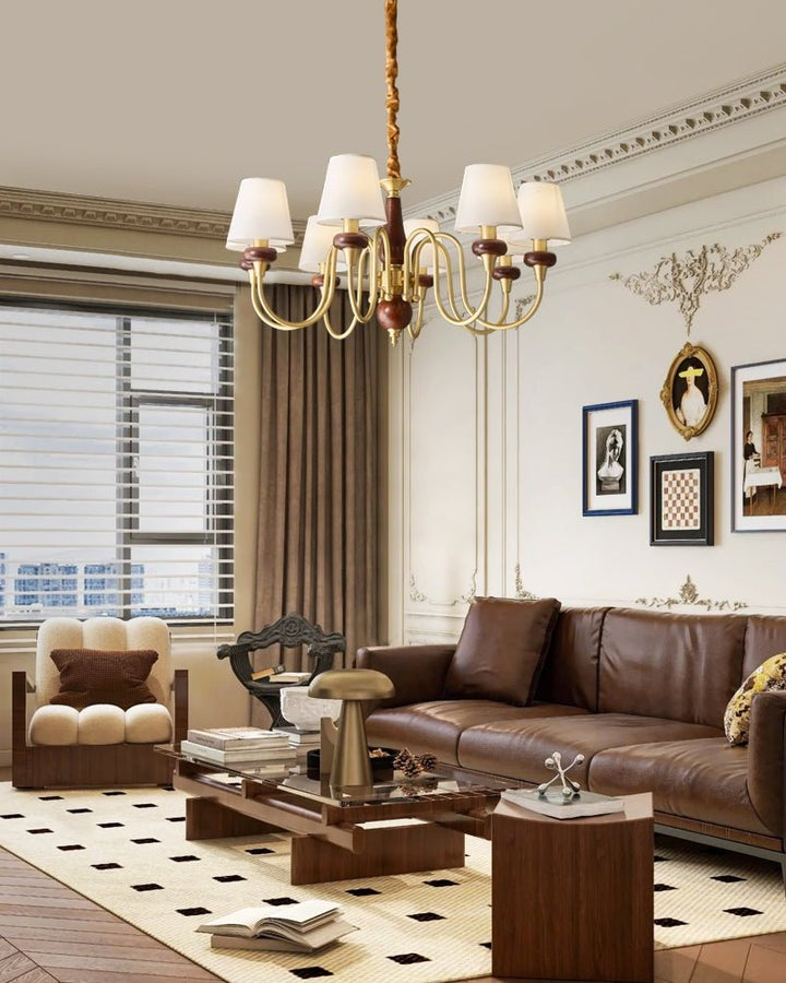 Luxury Wood & Brass Chandelier with Fabric Shades