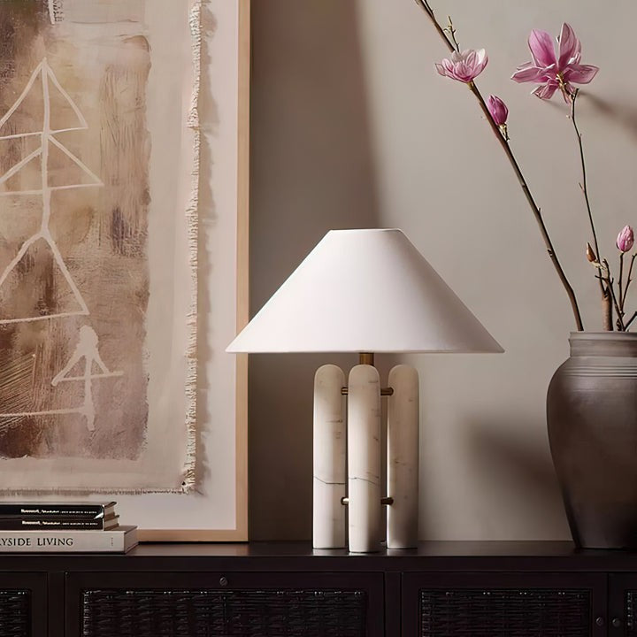 Marble Column Table Lamp with White Silk Shade