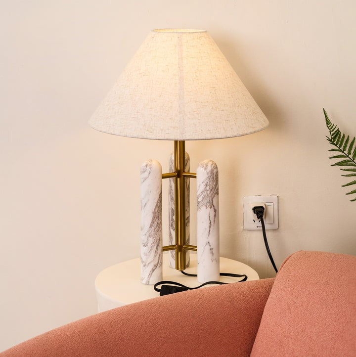 Marble Column Table Lamp with White Silk Shade