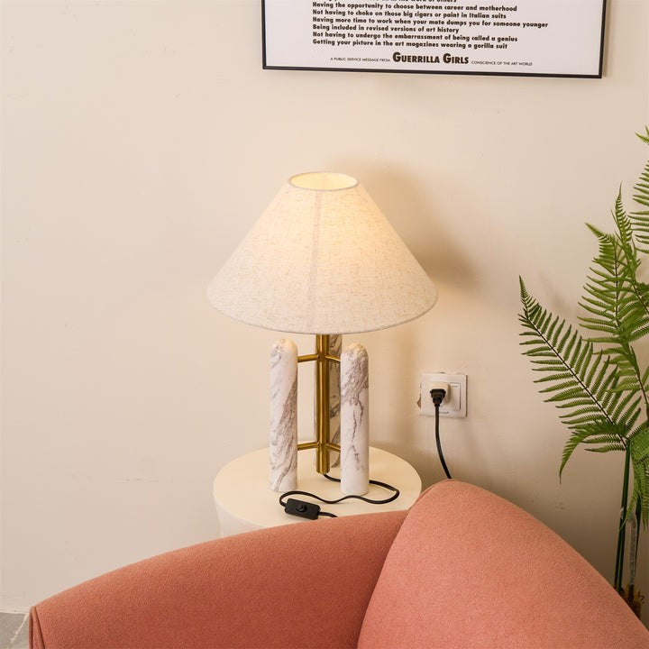 Marble Column Table Lamp with White Silk Shade