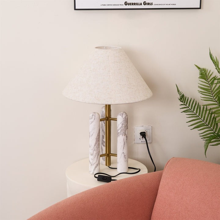 Marble Column Table Lamp with White Silk Shade
