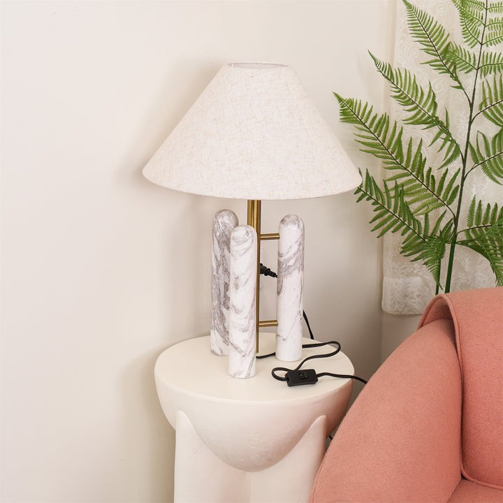 Marble Column Table Lamp with White Silk Shade