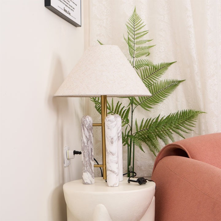 Marble Column Table Lamp with White Silk Shade