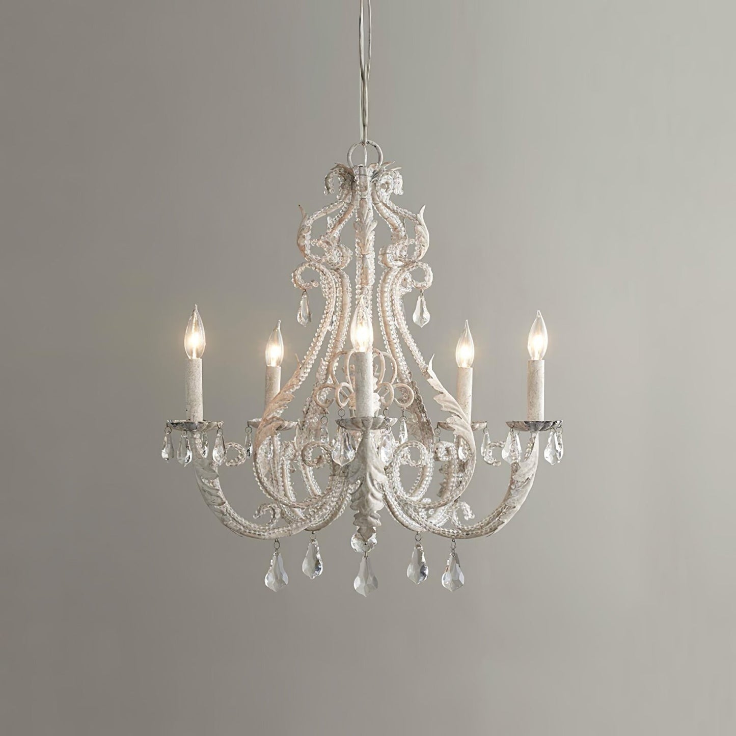 Metal & Crystal Candleholder Chandelier with Botanical Accents