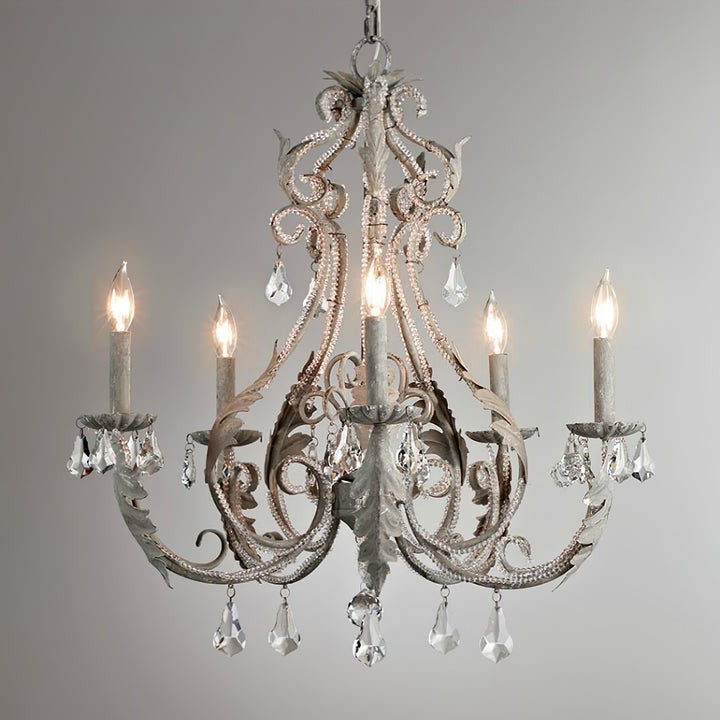 Metal & Crystal Candleholder Chandelier with Botanical Accents