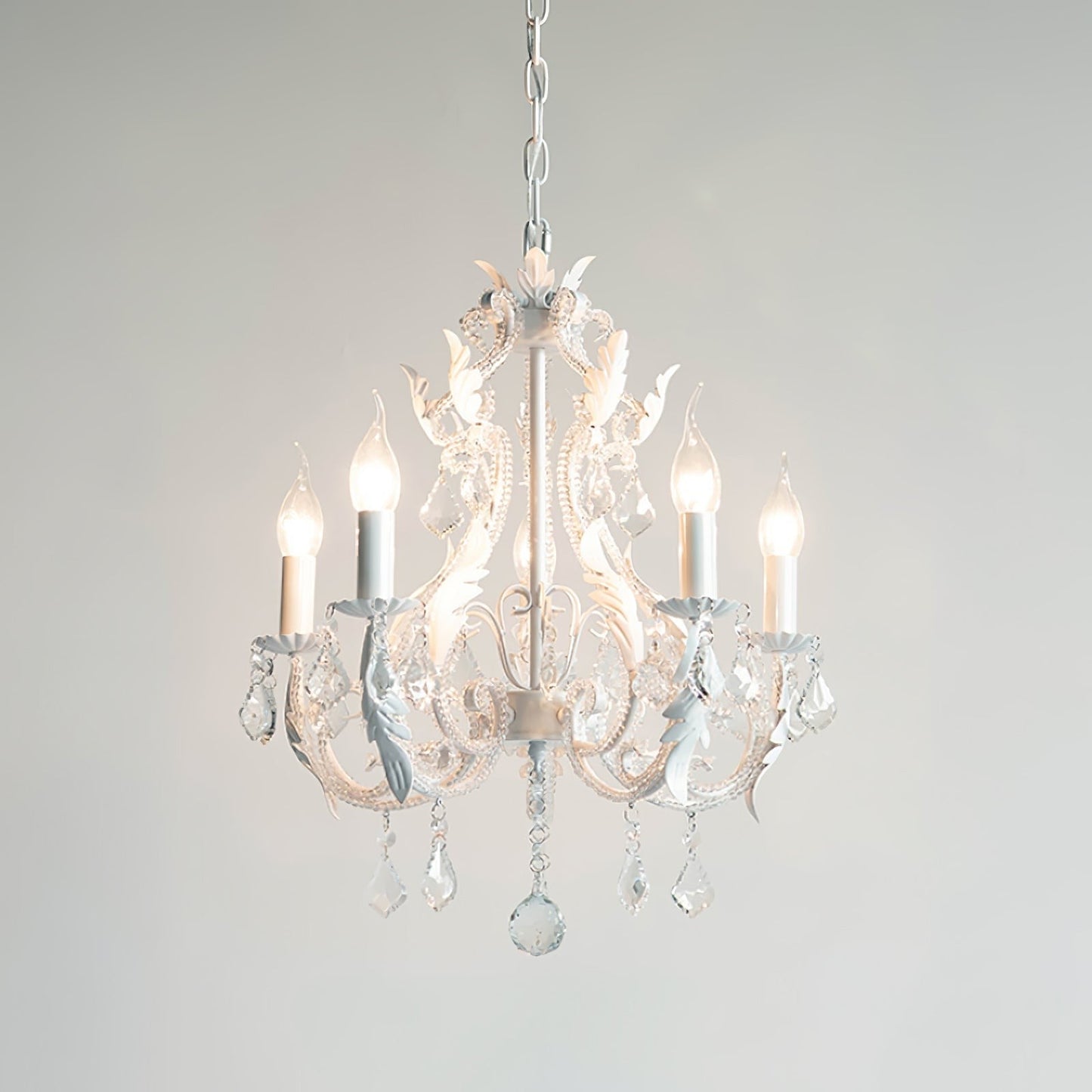 Metal & Crystal Candleholder Chandelier with Botanical Accents