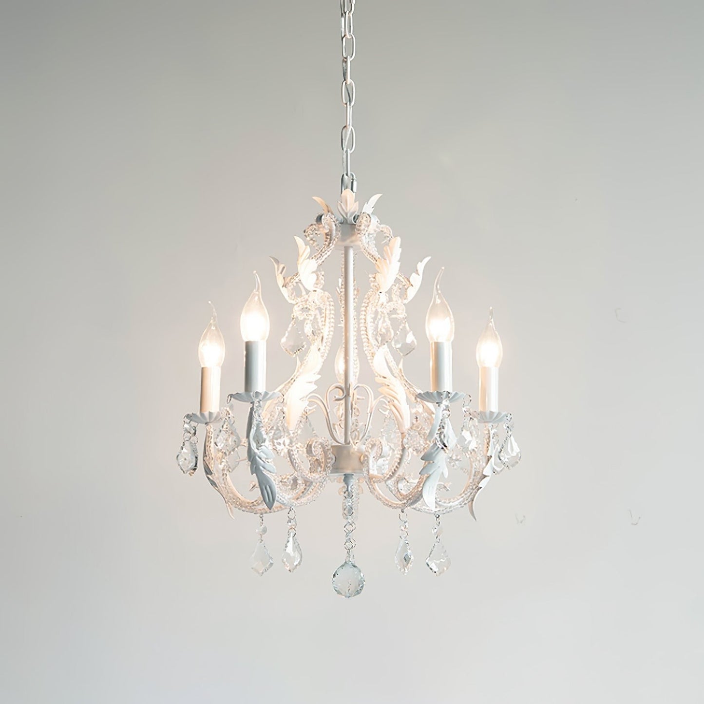 Metal & Crystal Candleholder Chandelier with Botanical Accents