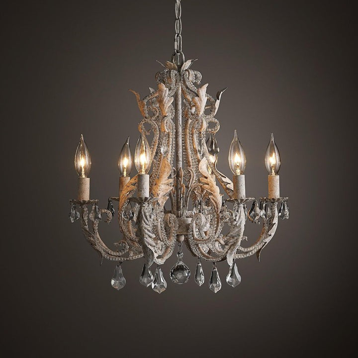 Metal & Crystal Candleholder Chandelier with Botanical Accents